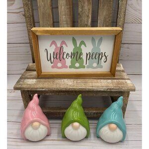 Spring easter decor lot gnomes bunny welcome peeps wooden sign 3 ceramic gnomes